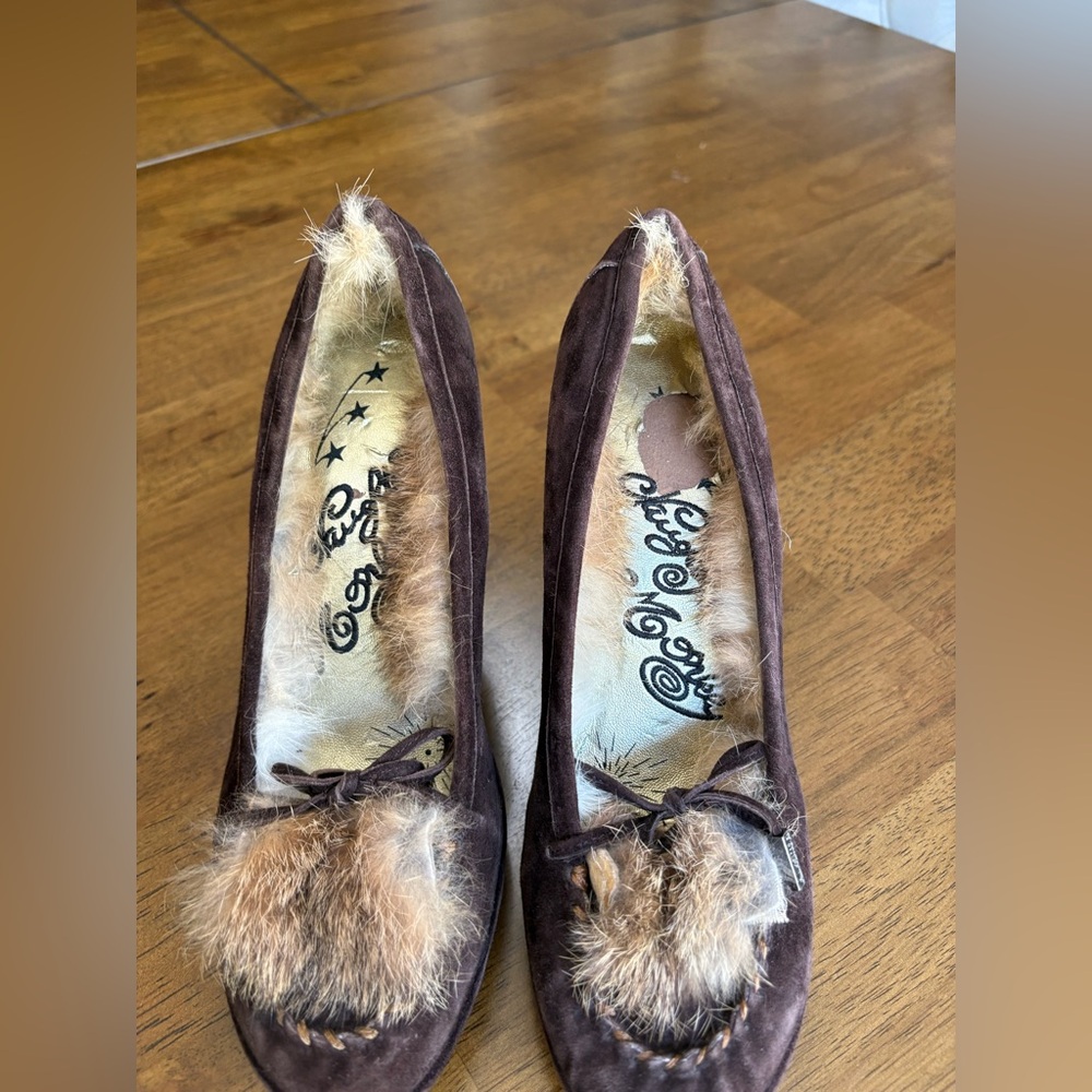Naughty Monkey Brown Suede Heels Faux Fur Sexy